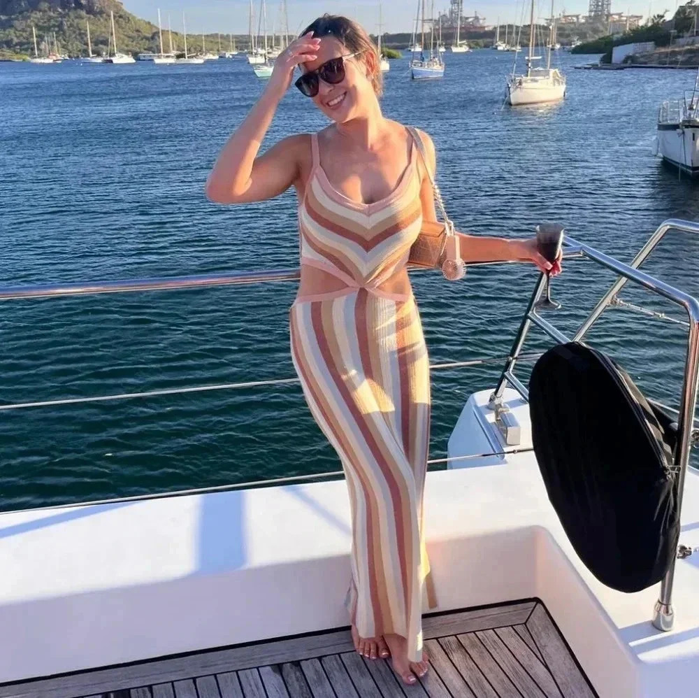 Altar'd State Striped Midi Dress in Pink, Cream, Tan and Yellow